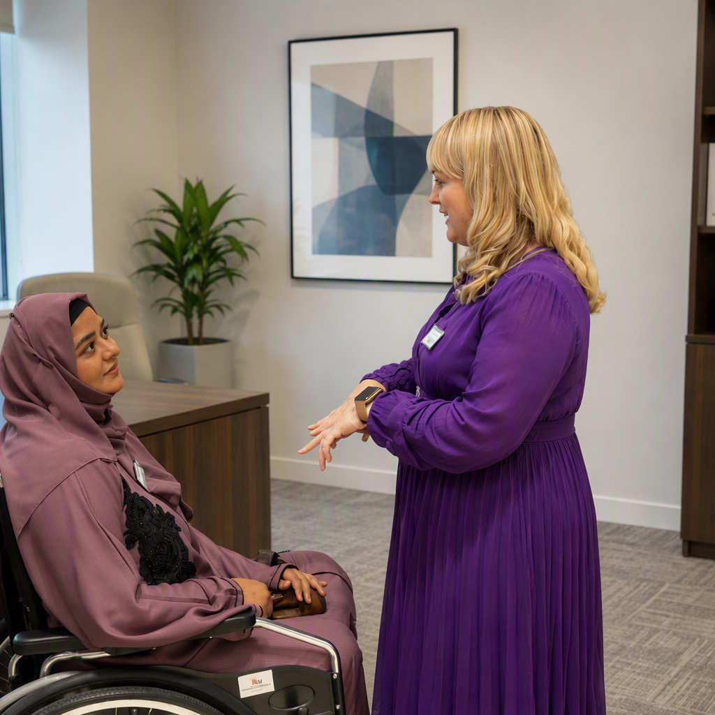In an office, one person in a wheelchair faces another person standing wearing long purple dress with hands actioning whilst in conversation