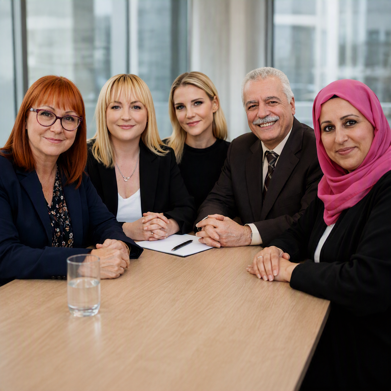 Five people are seated around a light wood conference table in a bright office setting, facing the camera.