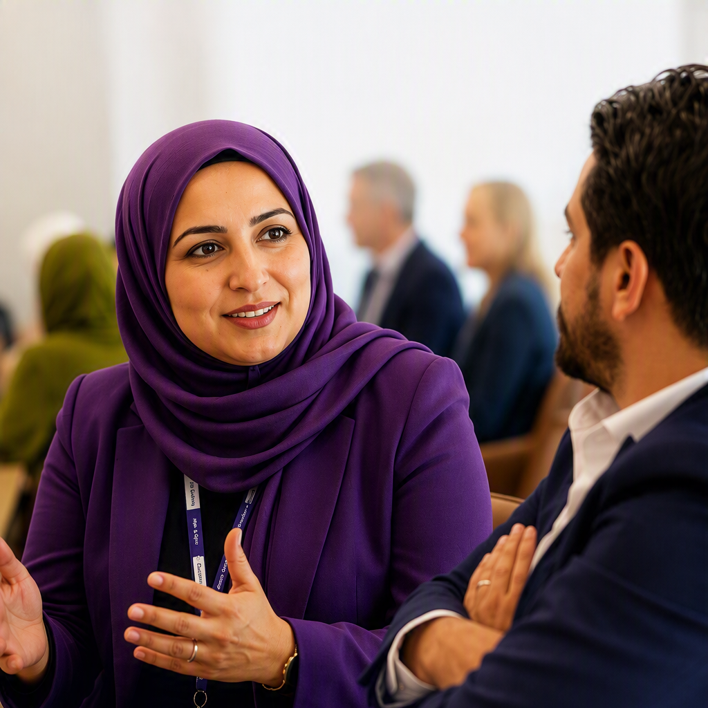 A person wearing a purple head covering and matching jacket gestures while speaking with another person in a business setting.